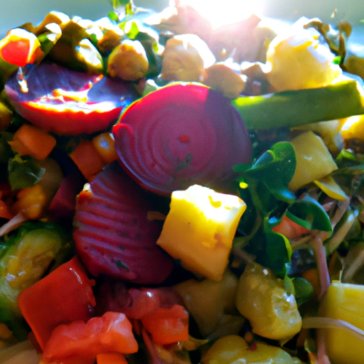 A plate of colorful, nutritious food with a shining sun in the background.