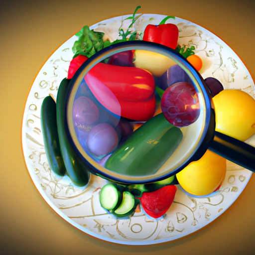 A plate of healthy vegetables and fruits with a magnifying glass hovering over it.