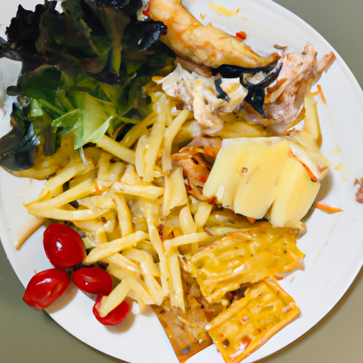 A plate of assorted foods with various colors and textures.