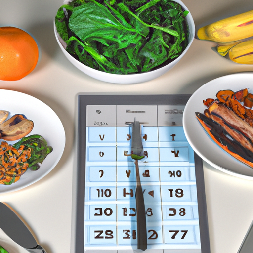 A plate of freshly-prepared healthy food surrounded by a clock, calendar, and other time management tools.