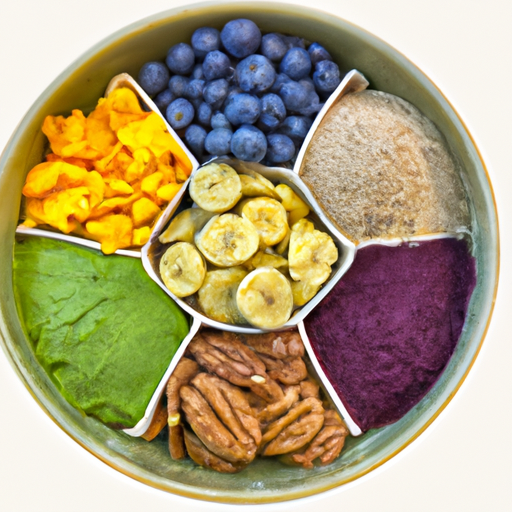 A bowl of various colorful superfoods arranged in a rainbow pattern.