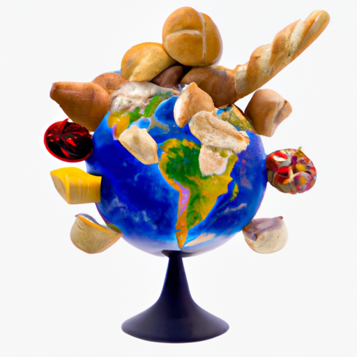 A globe surrounded by food items representing different countries.