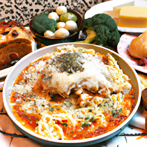 A plate of various international food items with various colors, shapes, and textures.