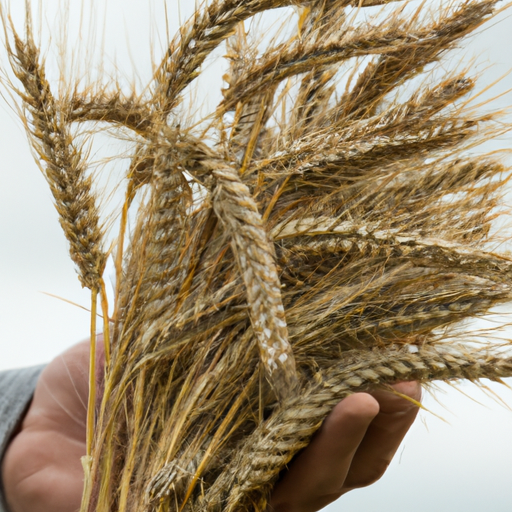 A close-up of a hand holding a sheaf of wheat.