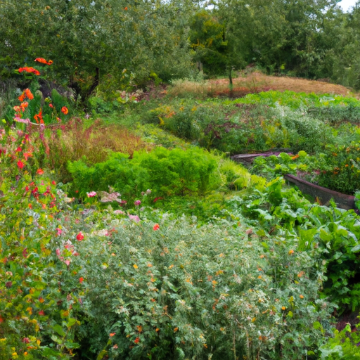 A lush green garden with a variety of fruits and vegetables growing.