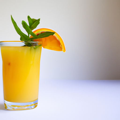A glass of orange juice with a slice of orange and a sprig of mint.