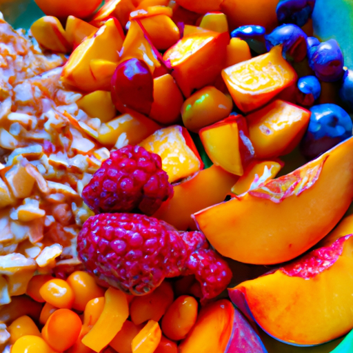 A close-up of a plate of food with fruits, vegetables, and grains arranged in a colorful pattern.