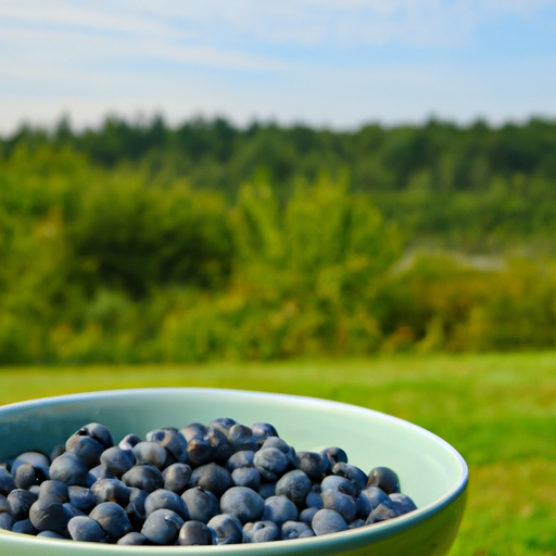 A bowl of ripe blueberries in front of a lush green landscape.