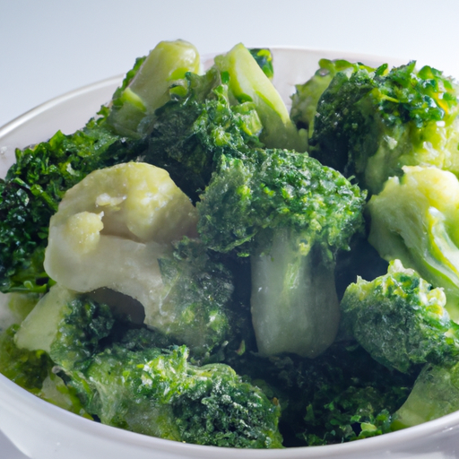 A bowl of steamed broccoli with drops of water condensation rolling off the florets.